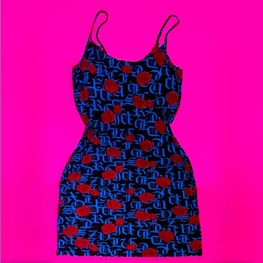 BLUE CALLIGRAPHY + RED ROSES MINI DRESS - ADJUSTABLE STRAPS